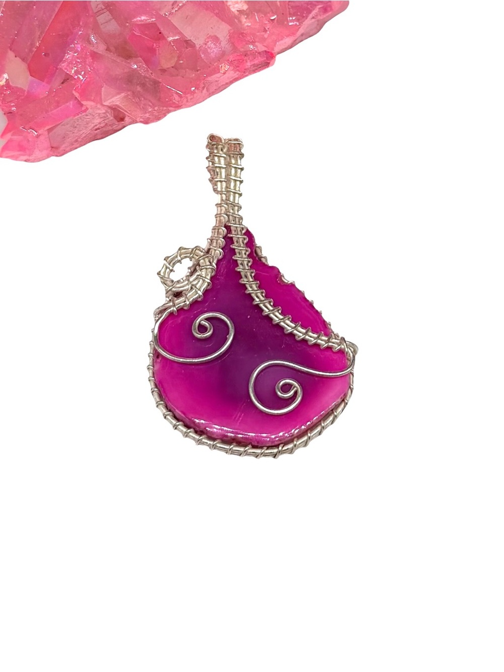 Hot Pink Solar Agate Necklace Pendant Wire Wrap Wrapped Stone